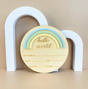 Hello World - Rainbow - Blue/Green - Birth Announcement Plaque - Luma Light