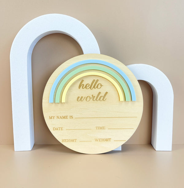 Hello World - Rainbow - Blue/Green - Birth Announcement Plaque - Luma Light