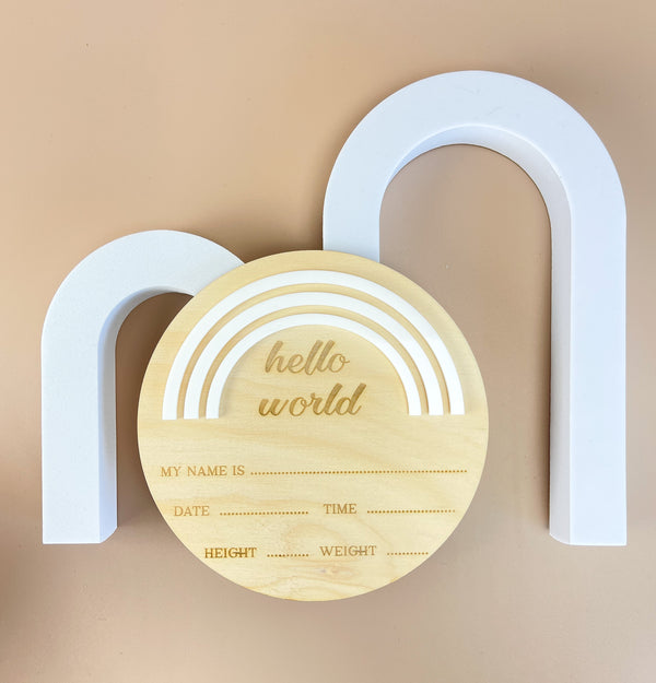 Hello World - Rainbow - White - Birth Announcement Plaque - Luma Light