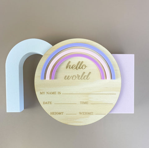 Hello World - Rainbow - Pink/Purple - Birth Announcement Plaque - Luma Light
