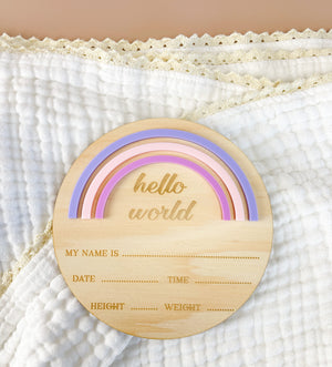 Hello World - Rainbow - Pink/Purple - Birth Announcement Plaque - Luma Light