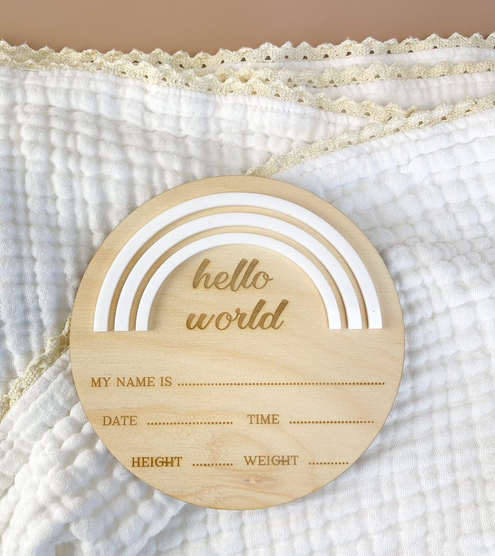 Hello World - Rainbow - White - Birth Announcement Plaque - Luma Light