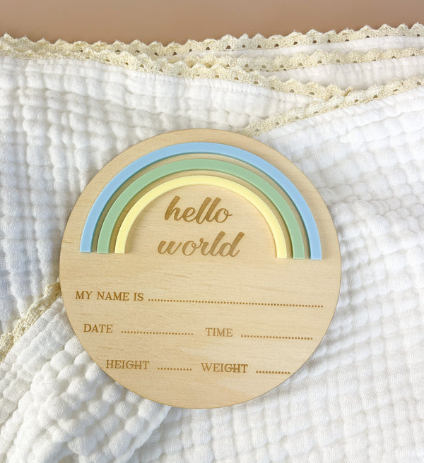 Hello World - Rainbow - Blue/Green - Birth Announcement Plaque - Luma Light