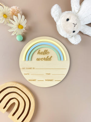 Hello World - Rainbow - Blue/Green - Birth Announcement Plaque - Luma Light