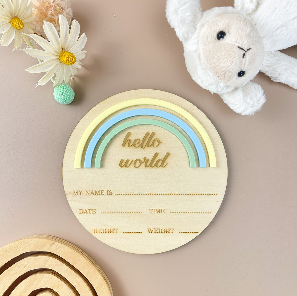 Hello World - Rainbow - Blue/Green - Birth Announcement Plaque - Luma Light