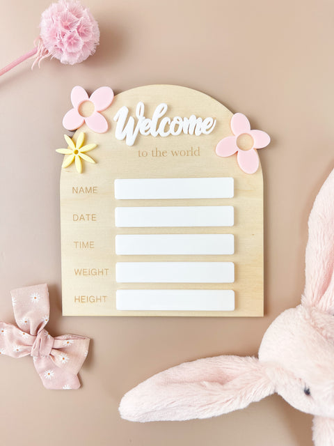Birth Plaque - Welcome to the World - Floral Acrylic - Luma Light