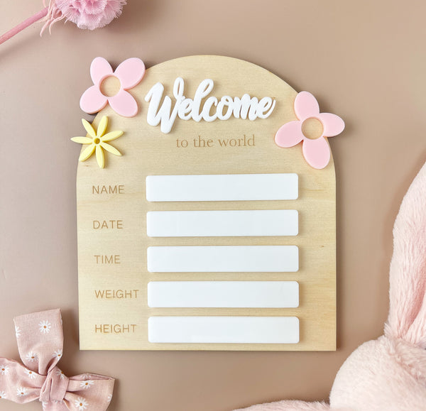 Birth Plaque - Welcome to the World - Floral Acrylic - Luma Light