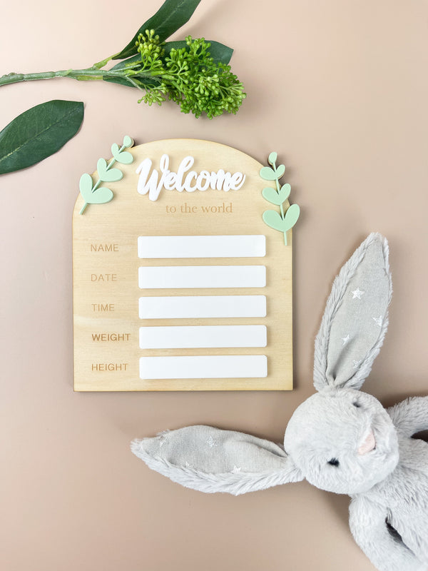 Birth Plaque - Welcome to the World - Leafy Acrylic - Luma Light