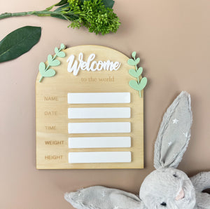 Birth Plaque - Welcome to the World - Leafy Acrylic - Luma Light