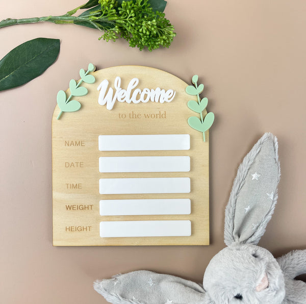 Birth Plaque - Welcome to the World - Leafy Acrylic - Luma Light