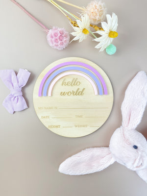 Hello World - Rainbow - Pink/Purple - Birth Announcement Plaque - Luma Light