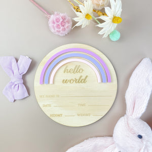 Hello World - Rainbow - Pink/Purple - Birth Announcement Plaque - Luma Light