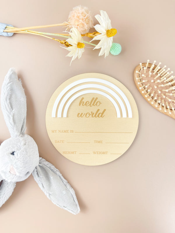 Hello World - Rainbow - White - Birth Announcement Plaque - Luma Light