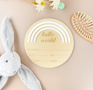 Hello World - Rainbow - White - Birth Announcement Plaque - Luma Light