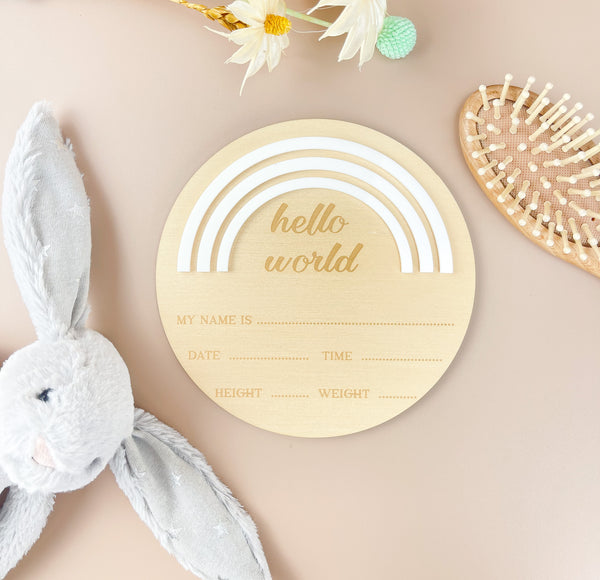 Hello World - Rainbow - White - Birth Announcement Plaque - Luma Light