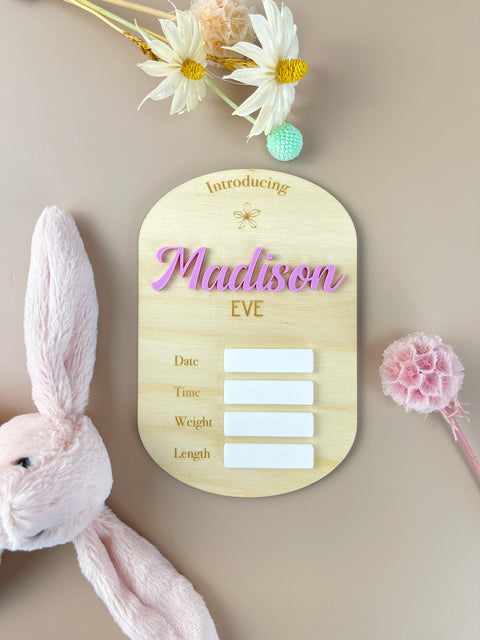 Personalised Birth Name Plaque - Your Babies Name Here - Berry Pink - Luma Light