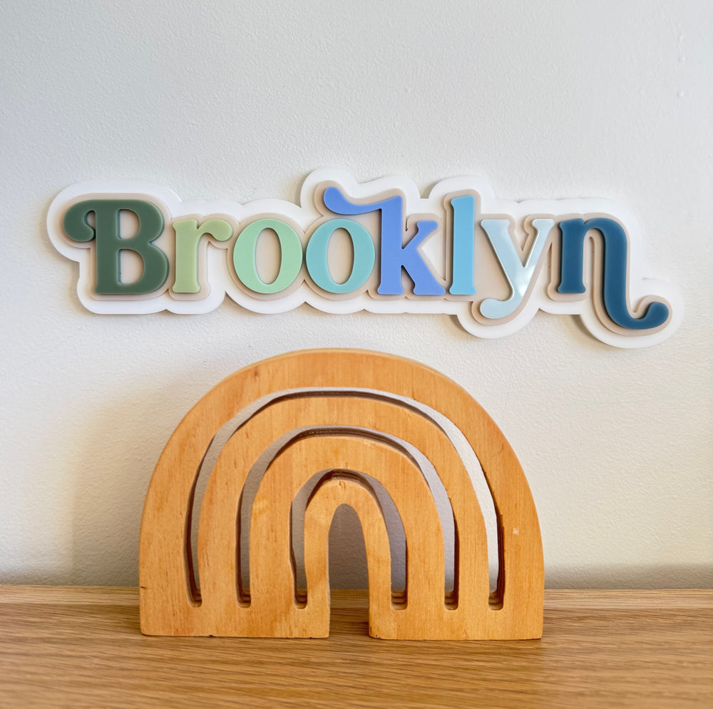 Custom Name Sign - Rainbow Letters Blues - Triple Layered Acrylic name plaque - Luma Lights