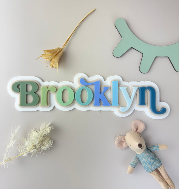 Custom Name Sign - Rainbow Letters Blues - Triple Layered Acrylic name plaque - Luma Lights