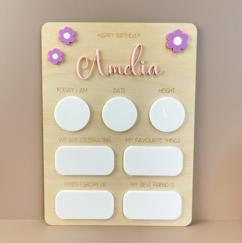 Personalised Name Birthday Board - Fill in each year Floral - Luma Light