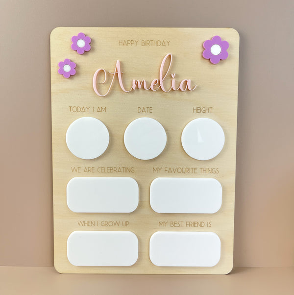 Personalised Name Birthday Board - Fill in each year Floral - Luma Light