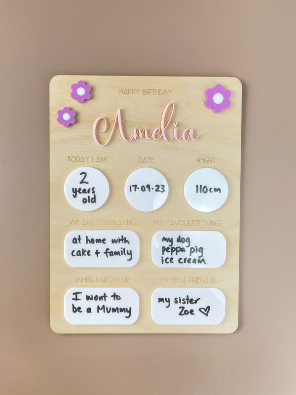 Personalised Name Birthday Board - Fill in each year Floral - Luma Light