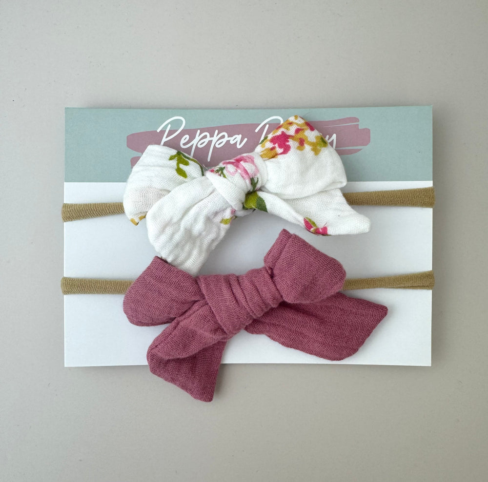 Bow Headband Duo - Floral Dusty Rose - Peppa Penny