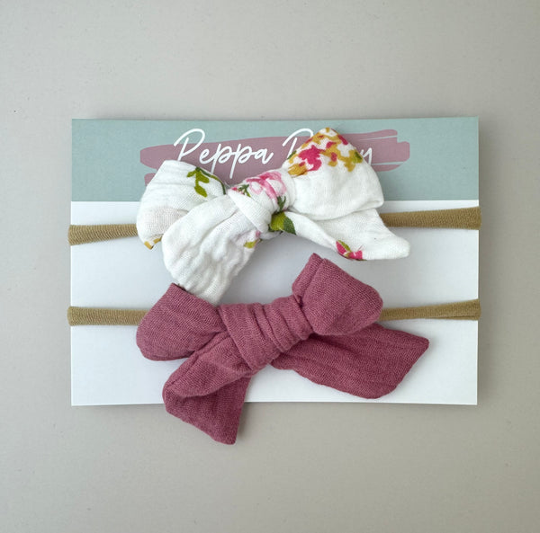 Bow Headband Duo - Floral Dusty Rose - Peppa Penny