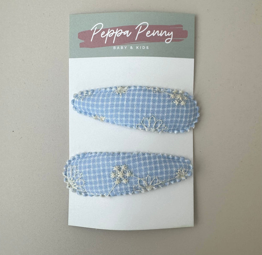 Linen Snap Clip Duo - Gingham Blue - Peppa Penny