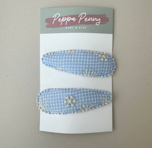 Linen Snap Clip Duo - Gingham Blue - Peppa Penny