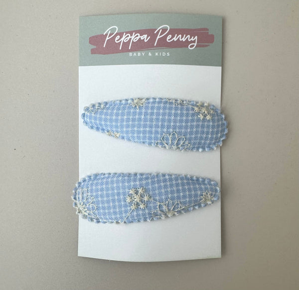 Linen Snap Clip Duo - Gingham Blue - Peppa Penny