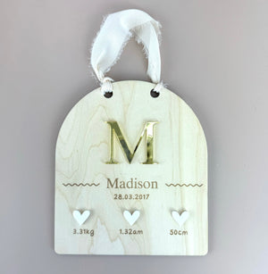 Custom Birth Details Sign - Hanging mirrored initial - Luma Light