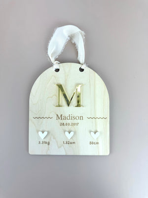 Custom Birth Details Sign - Hanging mirrored initial - Luma Light
