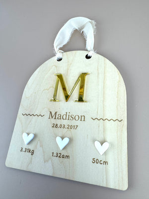 Custom Birth Details Sign - Hanging mirrored initial - Luma Light