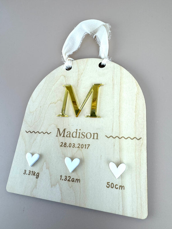 Custom Birth Details Sign - Hanging mirrored initial - Luma Light
