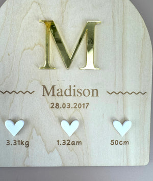 Custom Birth Details Sign - Hanging mirrored initial - Luma Light
