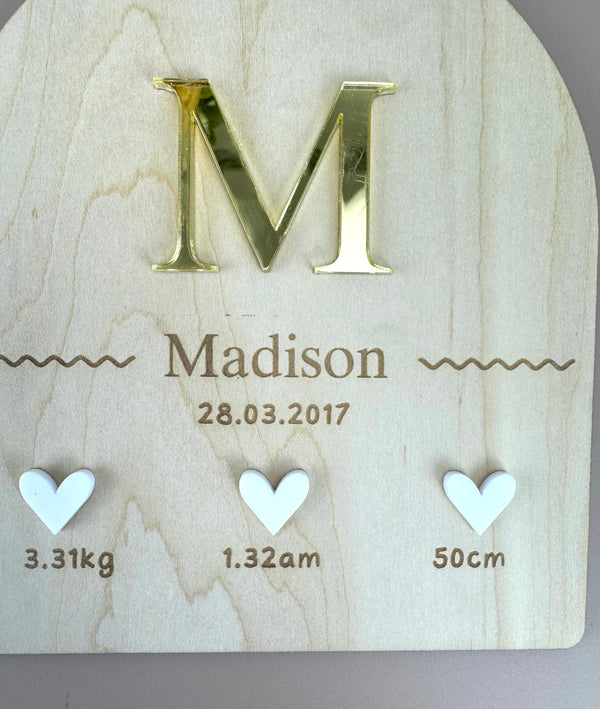 Custom Birth Details Sign - Hanging mirrored initial - Luma Light