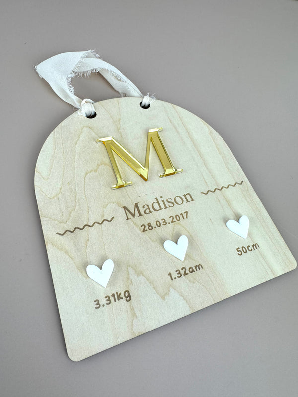 Custom Birth Details Sign - Hanging mirrored initial - Luma Light