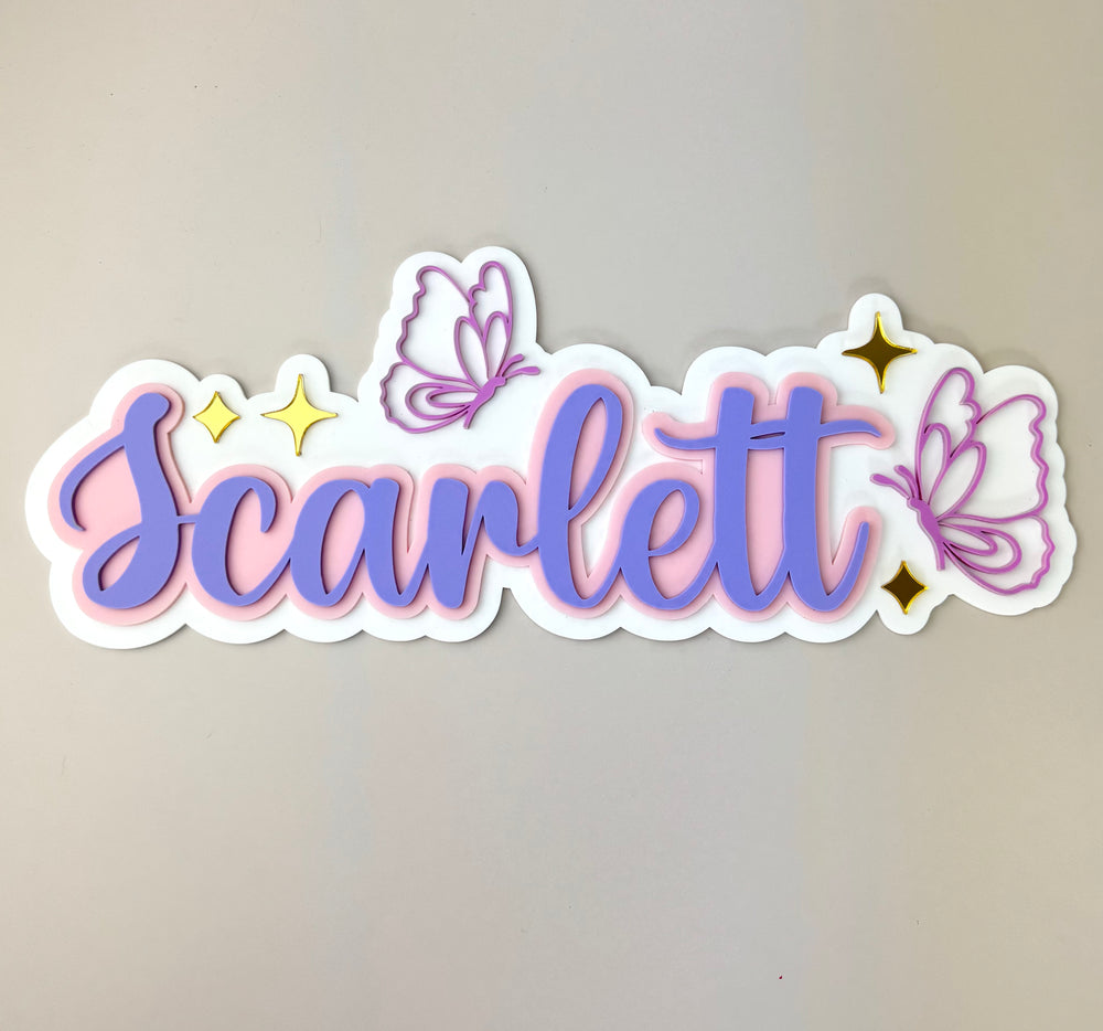 Custom Name Sign Detailed | Layered acrylic name plaque - Butterflies - Luma Light
