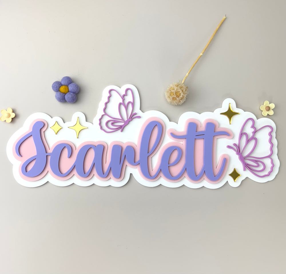 Custom Name Sign Detailed | Layered acrylic name plaque - Butterflies - Luma Light