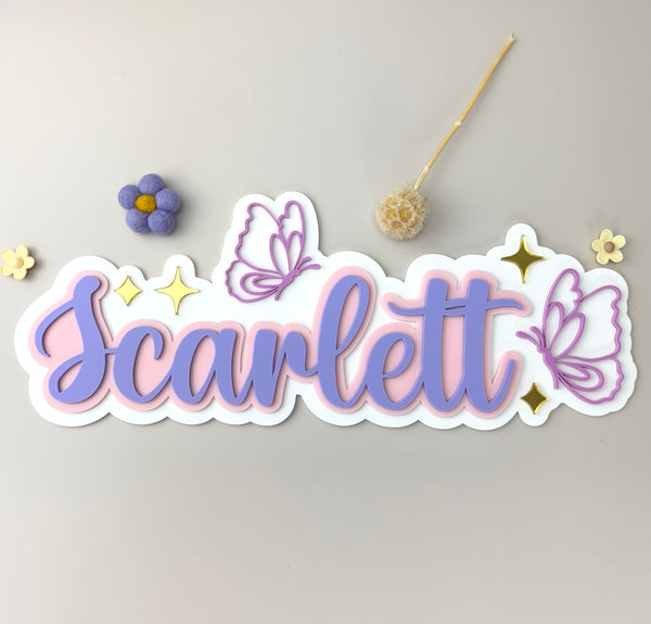 Custom Name Sign Detailed | Layered acrylic name plaque - Butterflies - Luma Light
