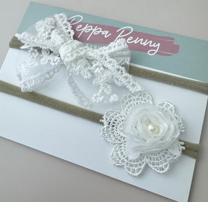 Bow Headband Duo - White Lace - Peppa Penny