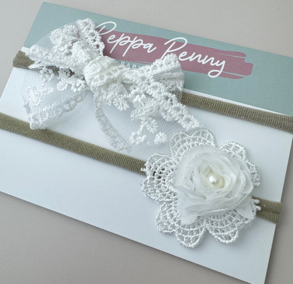 Bow Headband Duo - White Lace - Peppa Penny