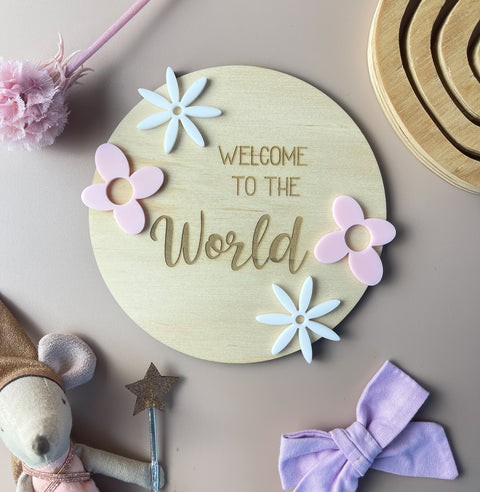 Welcome to the World - Pink & White Flowers - Birth Announcement Disc - Luma Light