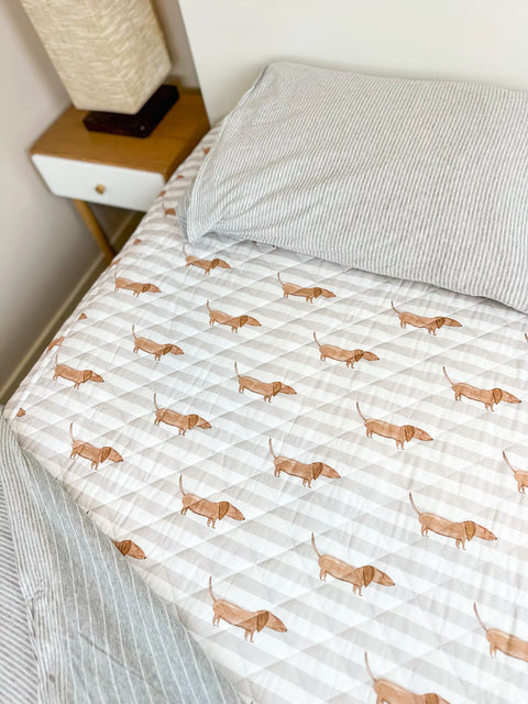 Waterproof Fitted Sheet | Dachshund Days - Single / King Single - Bambella Designs - STOCK of single size DUE LATE JAN