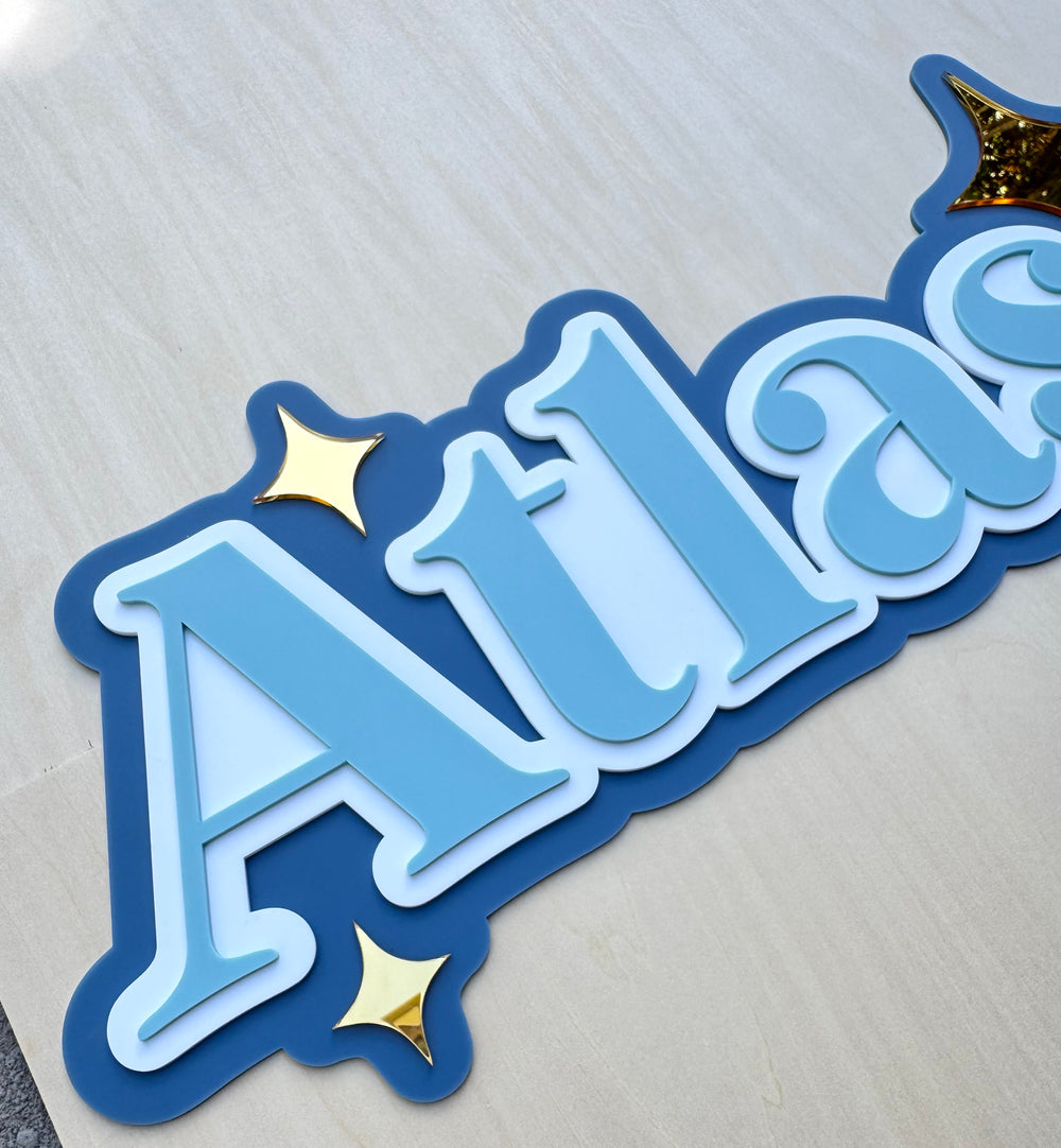 Custom Name Sign Detailed | Triple layered acrylic name plaque - Olive | Mocha | White | Stars - Luma Light