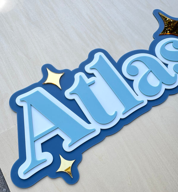 Custom Name Sign Detailed | Triple layered acrylic name plaque - Olive | Mocha | White | Stars - Luma Light