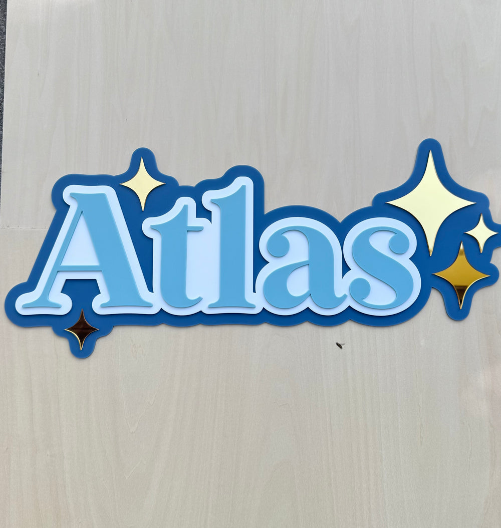 Custom Name Sign Detailed | Triple layered acrylic name plaque - Olive | Mocha | White | Stars - Luma Light