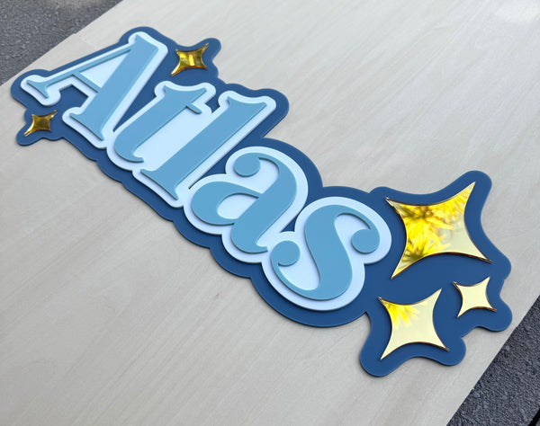 Custom Name Sign Detailed | Triple layered acrylic name plaque - Olive | Mocha | White | Stars - Luma Light
