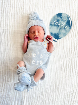 He's here - Mini Knit Romper - Powder Blue - Blossom & Pear
