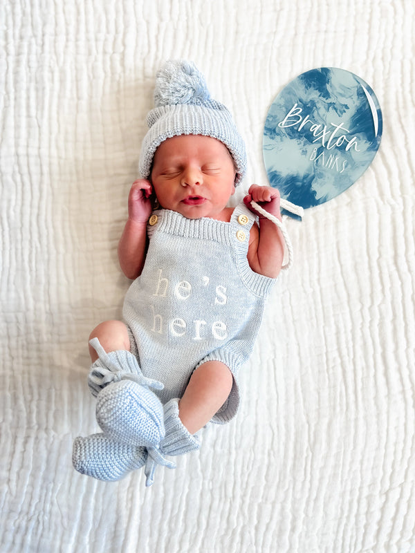He's here - Mini Knit Romper - Powder Blue - Blossom & Pear